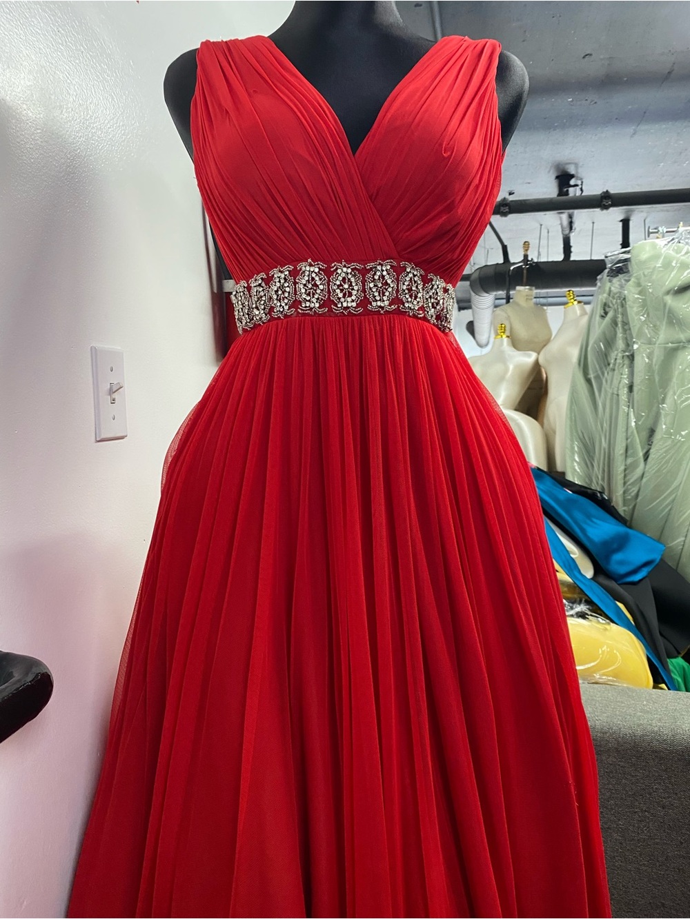 Red V-Neck Evening Gown with Embellished Waist